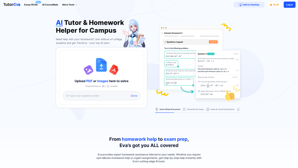 AI Homework Helper & AI Tutor for All College Subjects – TutorEva